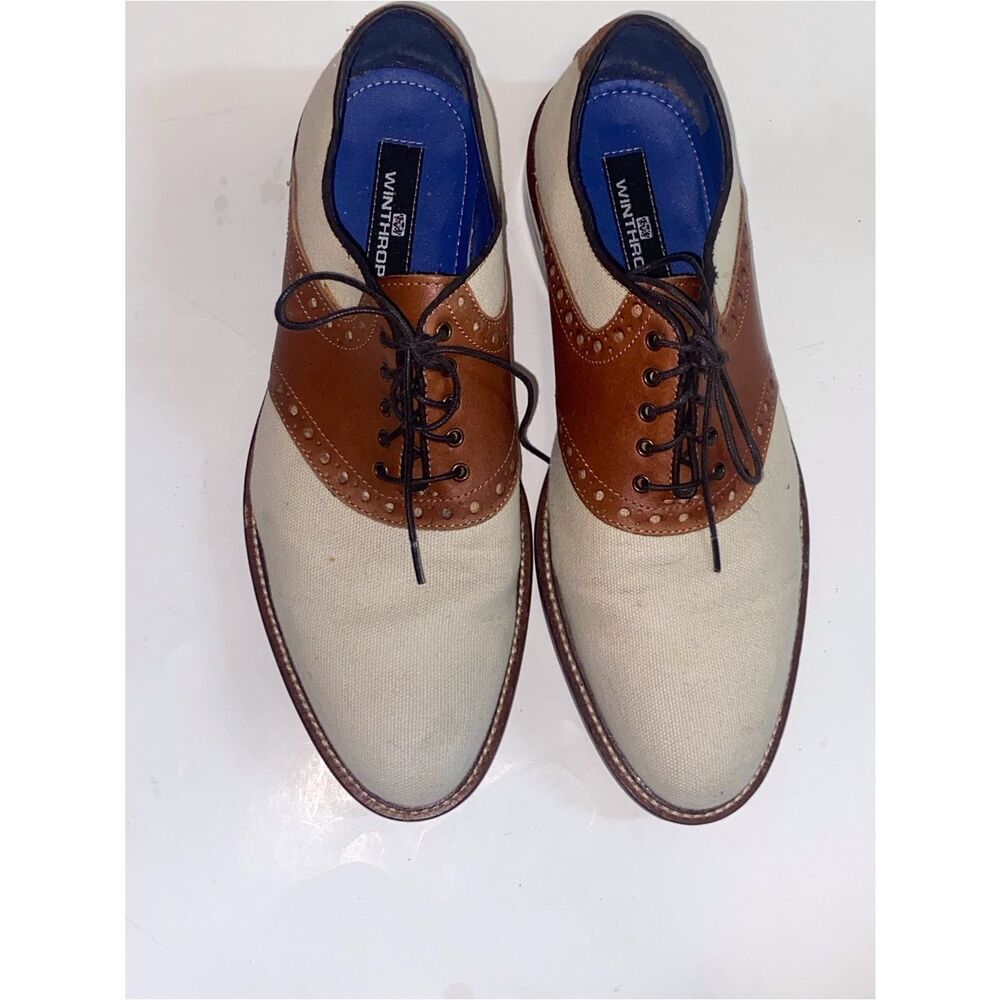Two-Tone Brown Leather and Cream Canvas Oxford Shoes Winthrop Phillips